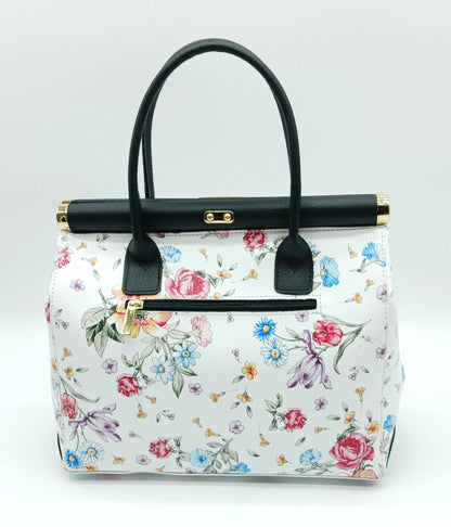 Lock & Key Genuine Pebble Leather White Black Floral Handbag Satchel  – Made In Italy