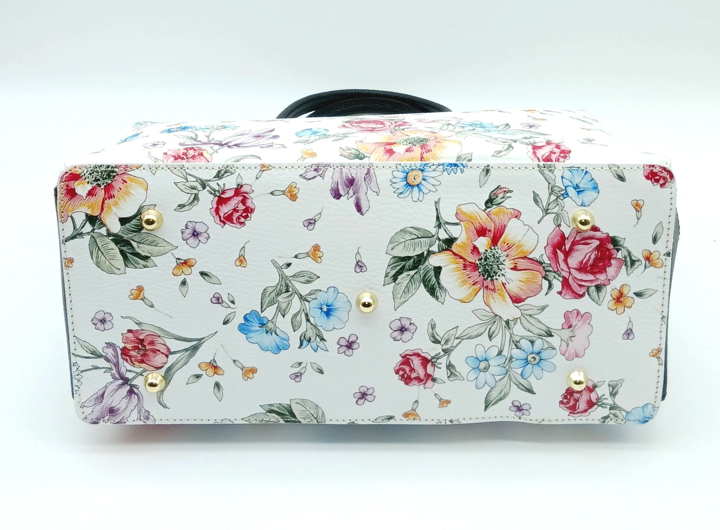 Lock & Key Genuine Pebble Leather White Black Floral Handbag Satchel  – Made In Italy