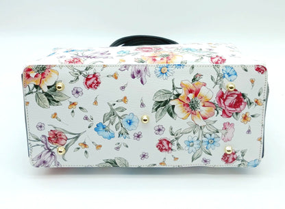 Lock & Key Genuine Pebble Leather White Black Floral Handbag Satchel  – Made In Italy
