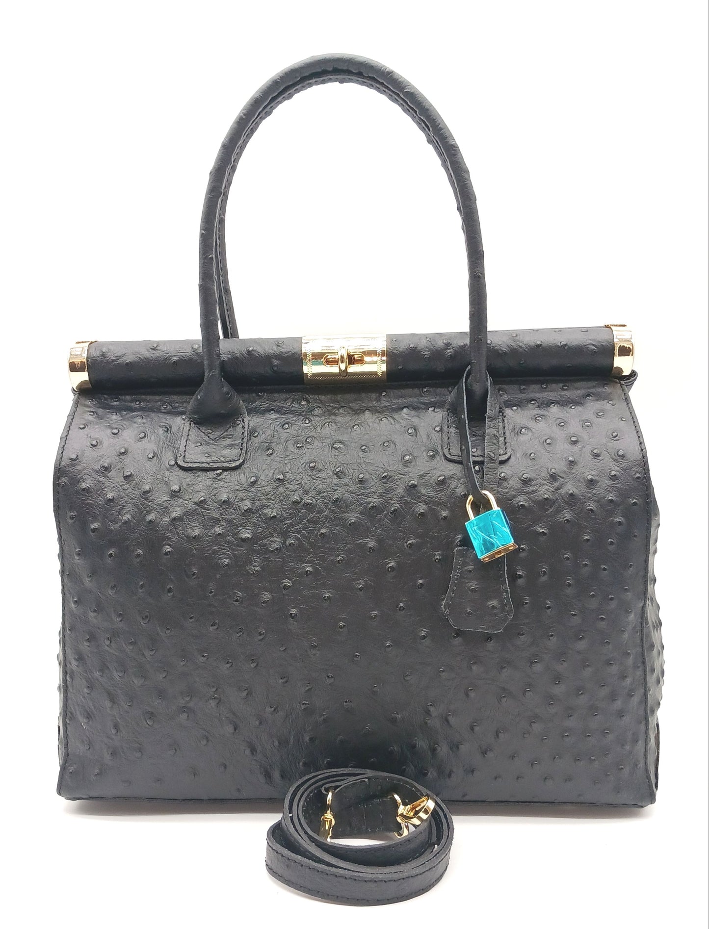 Lock & Key Genuine Ostrich Embossed Leather Handbag Satchel - Black – Made In Italy