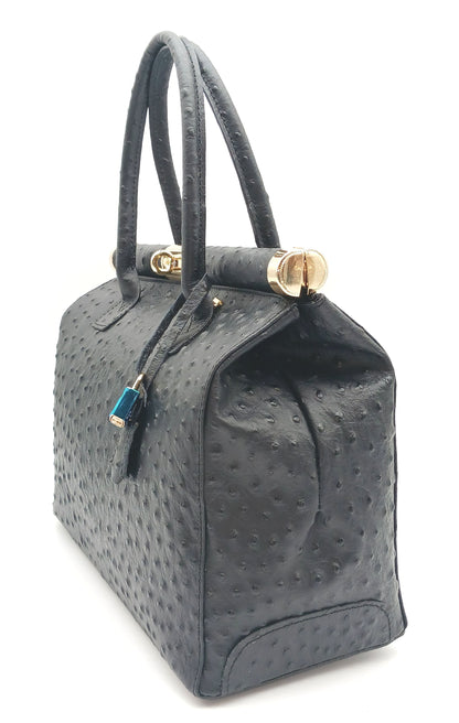 Lock & Key Genuine Ostrich Embossed Leather Handbag Satchel - Black – Made In Italy
