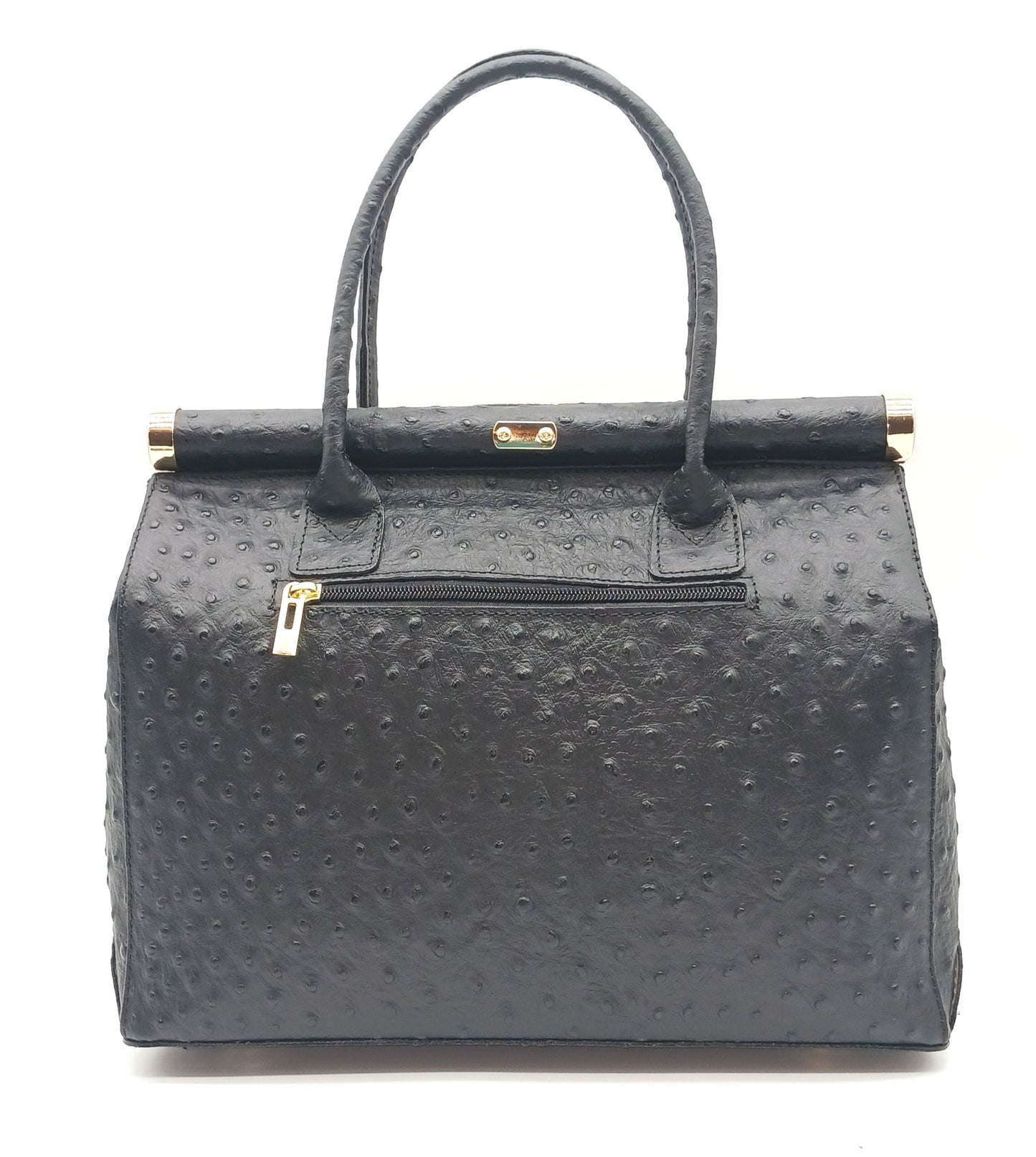 Lock & Key Genuine Ostrich Embossed Leather Handbag Satchel - Black – Made In Italy