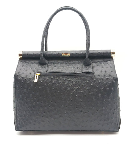 Lock & Key Genuine Ostrich Embossed Leather Handbag Satchel - Black – Made In Italy