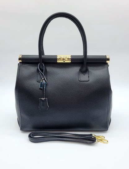 Lock & Key Genuine Pebble Leather Handbag Satchel - Black – Made In Italy