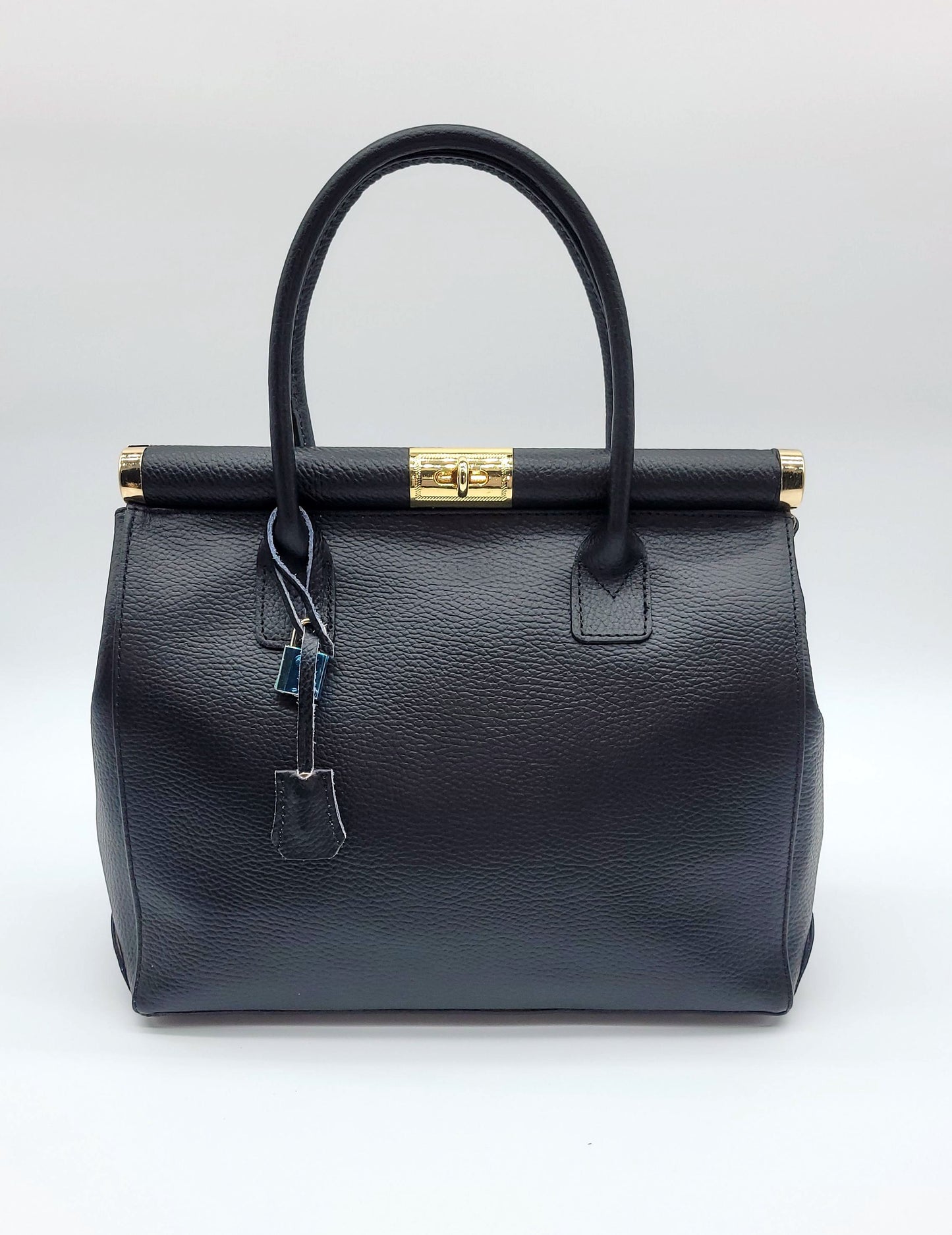 Lock & Key Genuine Pebble Leather Handbag Satchel - Black – Made In Italy