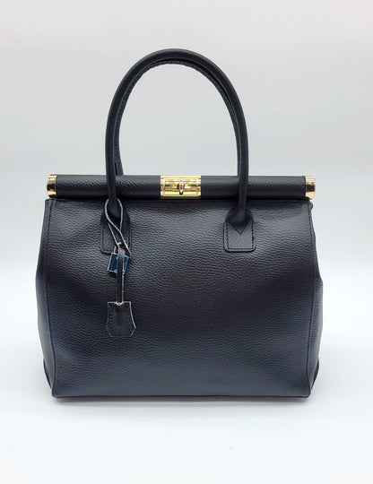 Lock & Key Genuine Pebble Leather Handbag Satchel - Black – Made In Italy