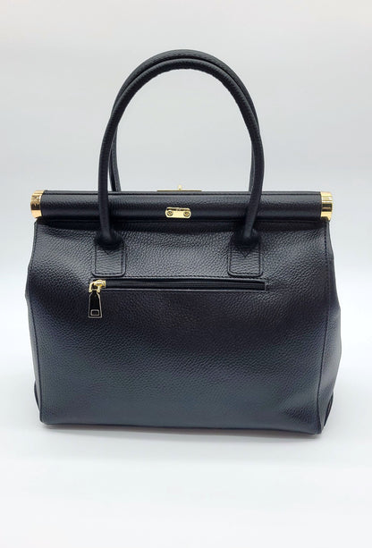 Lock & Key Genuine Pebble Leather Handbag Satchel - Black – Made In Italy