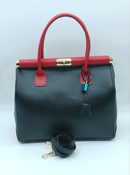 Lock & Key Genuine Pebble Leather Handbag Satchel - Black & Red – Made In Italy