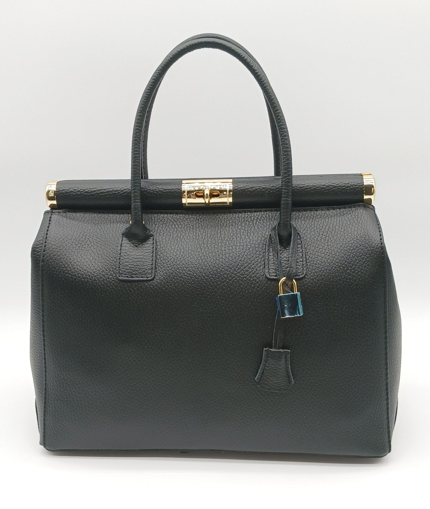 Lock & Key Genuine Pebble Leather Handbag Satchel - Black – Made In Italy