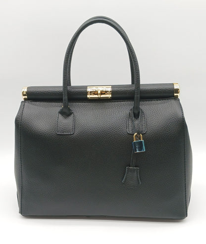 Lock & Key Genuine Pebble Leather Handbag Satchel - Black – Made In Italy