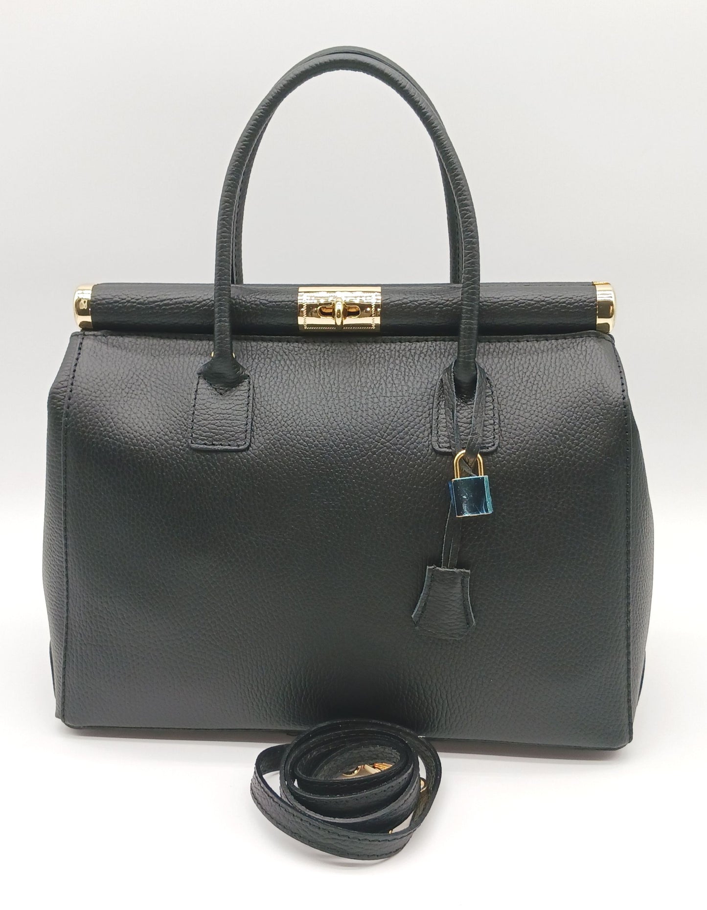 Lock & Key Genuine Pebble Leather Handbag Satchel - Black – Made In Italy