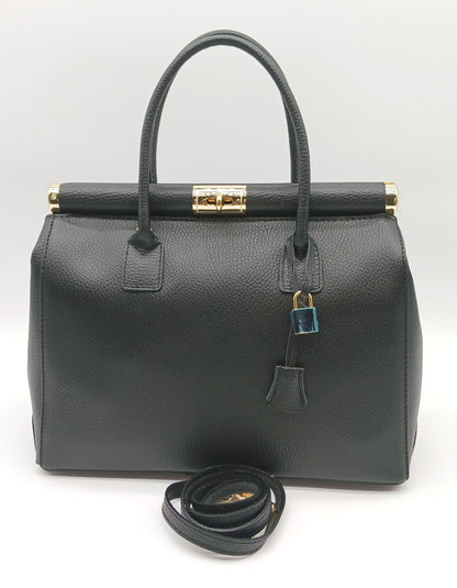 Lock & Key Genuine Pebble Leather Handbag Satchel - Black – Made In Italy