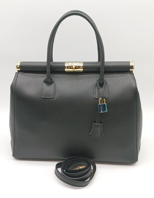 Lock & Key Genuine Pebble Leather Handbag Satchel - Black – Made In Italy