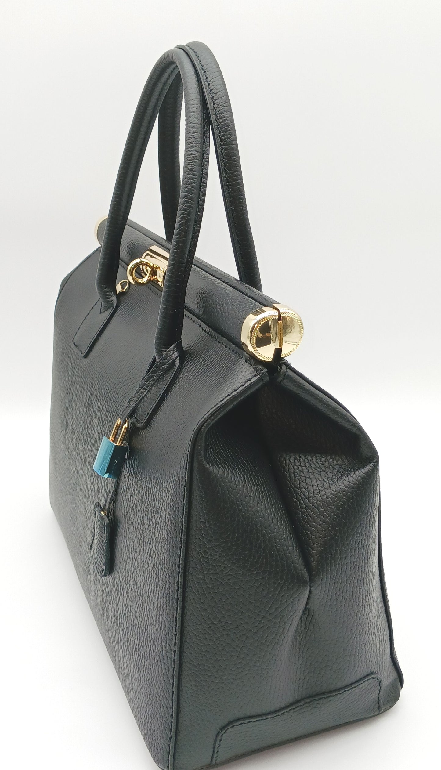 Lock & Key Genuine Pebble Leather Handbag Satchel - Black – Made In Italy