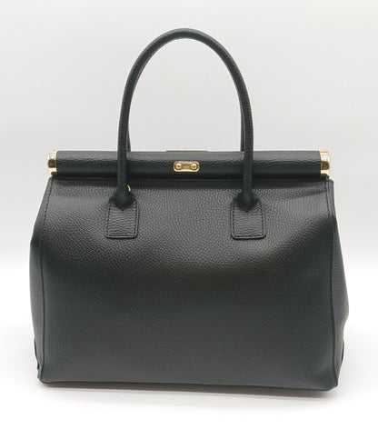 Lock & Key Genuine Pebble Leather Handbag Satchel - Black – Made In Italy