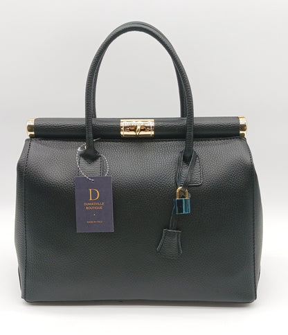 Lock & Key Genuine Pebble Leather Handbag Satchel - Black – Made In Italy