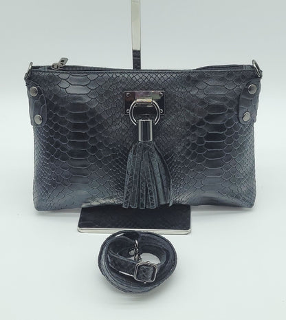 Snake Embossed Genuine Leather Crossbody Handbag - Black – Made In Italy