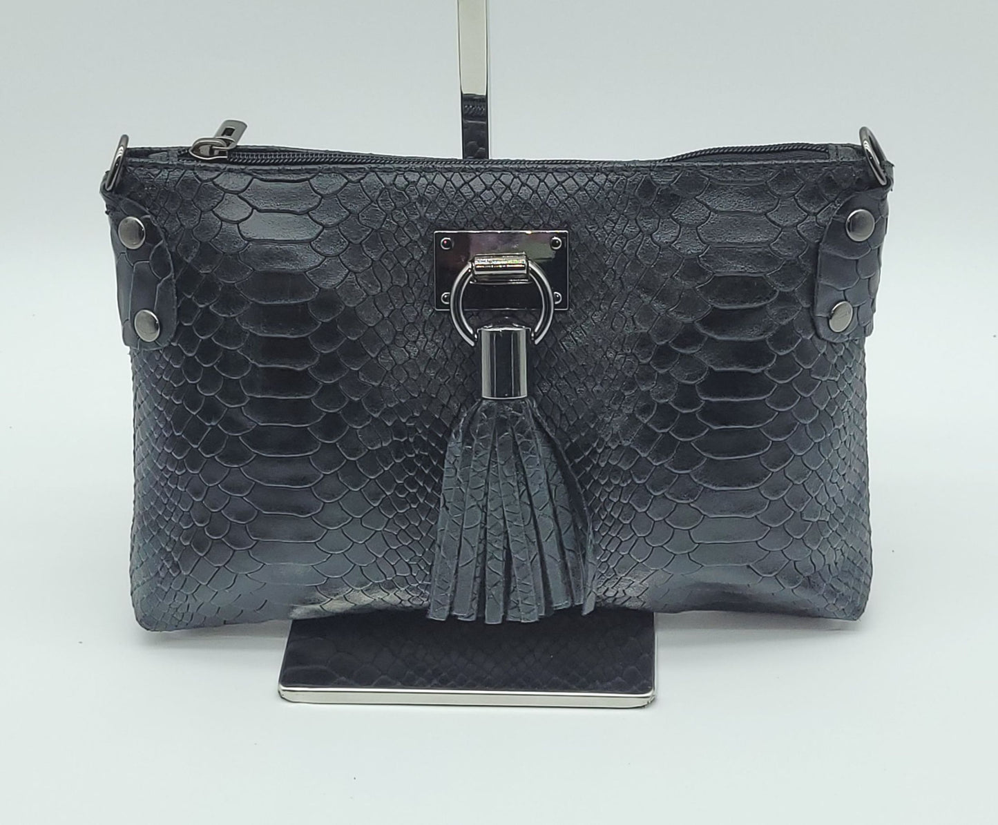 Snake Embossed Genuine Leather Crossbody Handbag - Black – Made In Italy