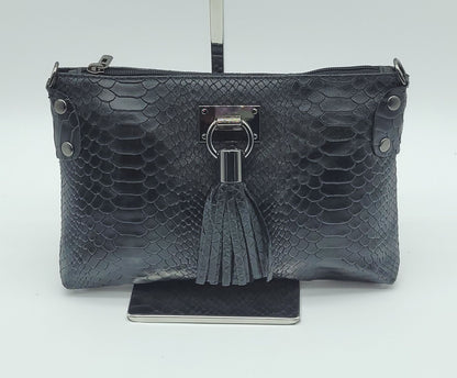 Snake Embossed Genuine Leather Crossbody Handbag - Black – Made In Italy