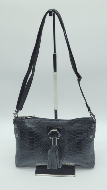 Snake Embossed Genuine Leather Crossbody Handbag - Black – Made In Italy
