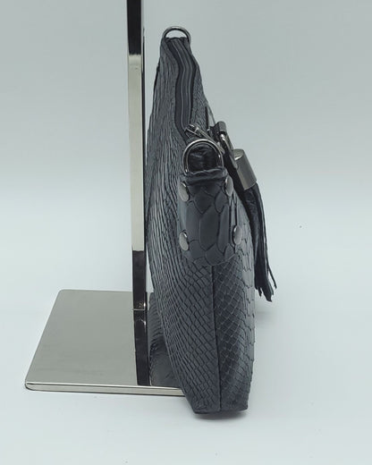 Snake Embossed Genuine Leather Crossbody Handbag - Black – Made In Italy