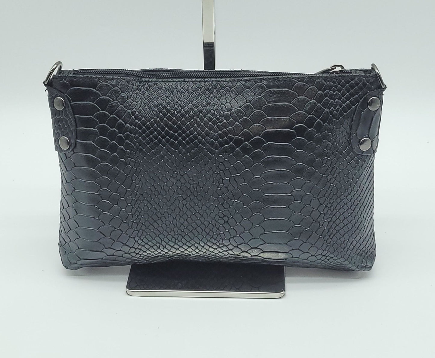 Snake Embossed Genuine Leather Crossbody Handbag - Black – Made In Italy