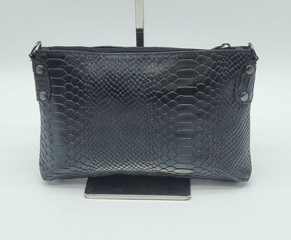 Snake Embossed Genuine Leather Crossbody Handbag - Black – Made In Italy
