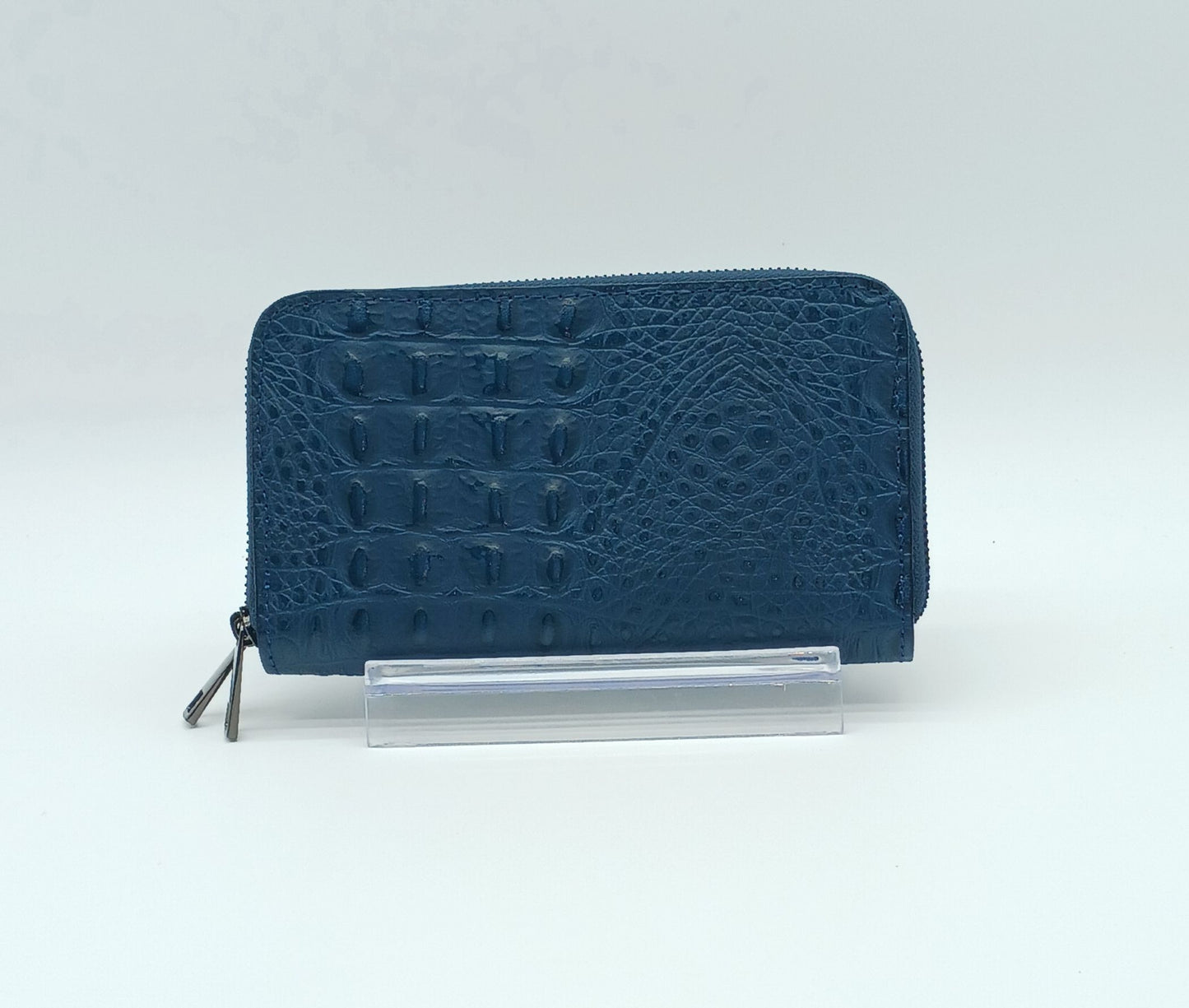 Genuine Croc Embossed Leather Double Zip Wallet – Made In Italy - Blue