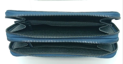 Genuine Croc Embossed Leather Double Zip Wallet – Made In Italy - Blue