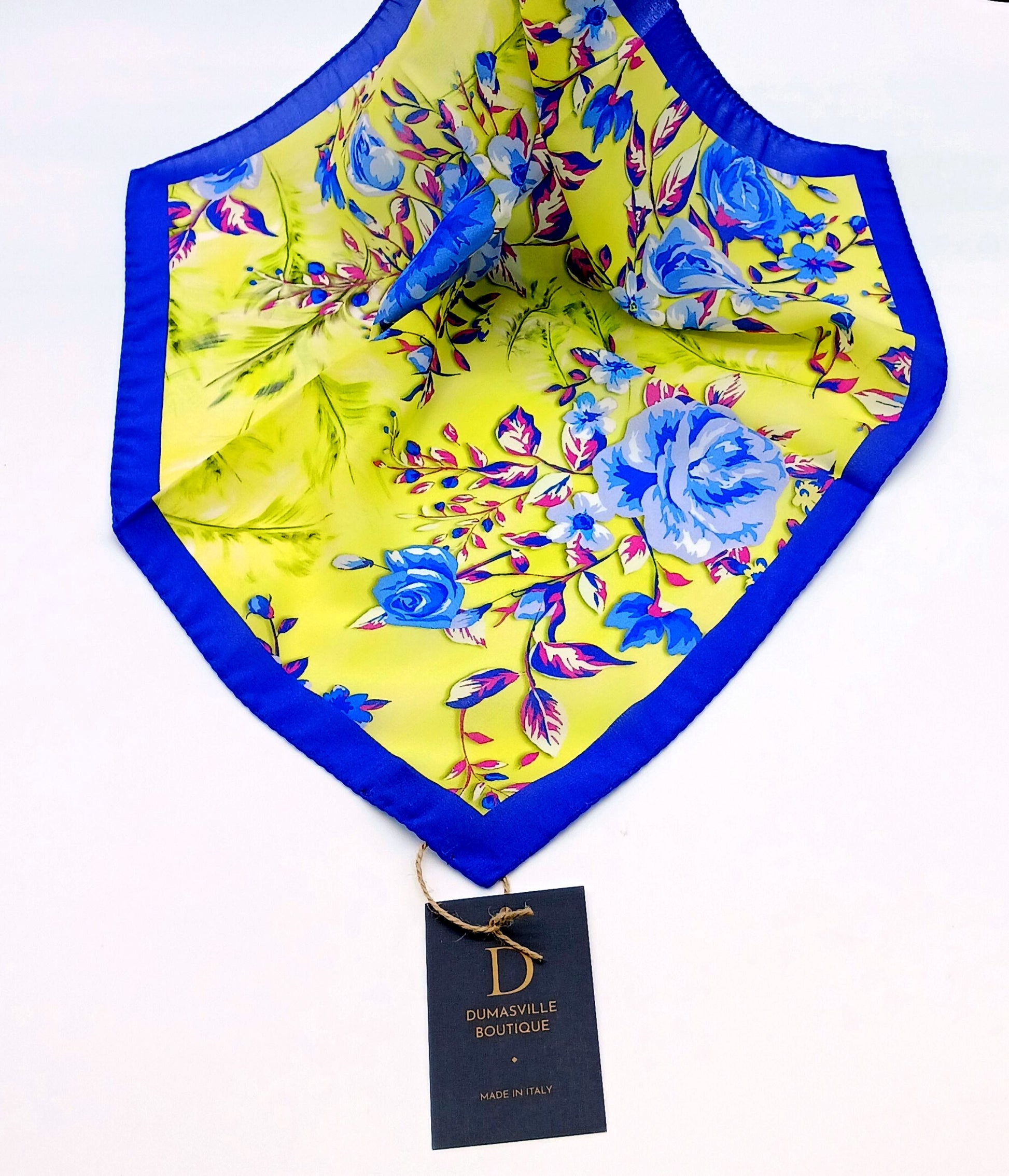 Silk Handkerchief/Neckerchief Blue Yellow Floral Square Scarf 17x17 – Made In Italy - DumasvilleBoutique