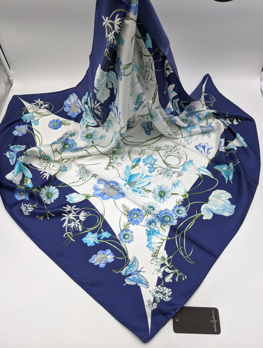 Designer Flower Silk Twill Square Scarf 35x35 – Made In Italy - Blue - DumasvilleBoutique