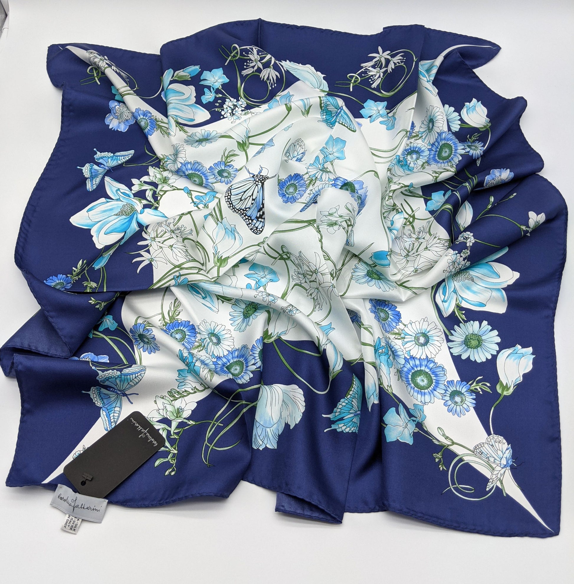 Designer Flower Silk Twill Square Scarf 35x35 – Made In Italy - Blue - DumasvilleBoutique