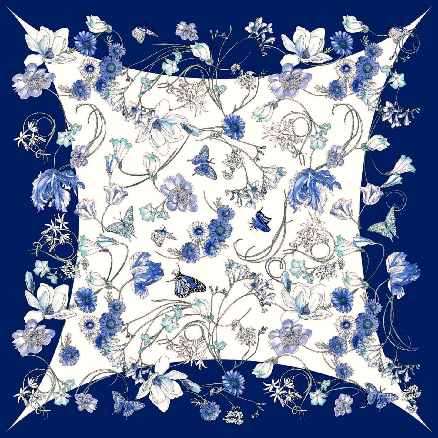 Designer Flower Silk Twill Square Scarf 35x35 – Made In Italy - Blue - DumasvilleBoutique