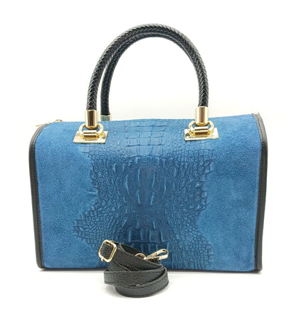 Genuine Suede & Leather Croc Embossed Satchel Handbag - Blue Jeans – Made In Italy
