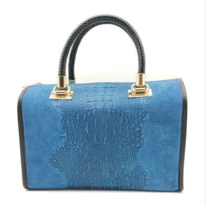 Genuine Suede & Leather Croc Embossed Satchel Handbag - Blue Jeans – Made In Italy