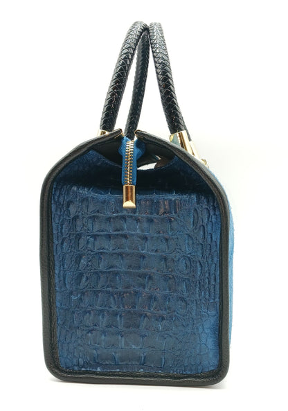 Genuine Suede & Leather Croc Embossed Satchel Handbag - Blue Jeans – Made In Italy