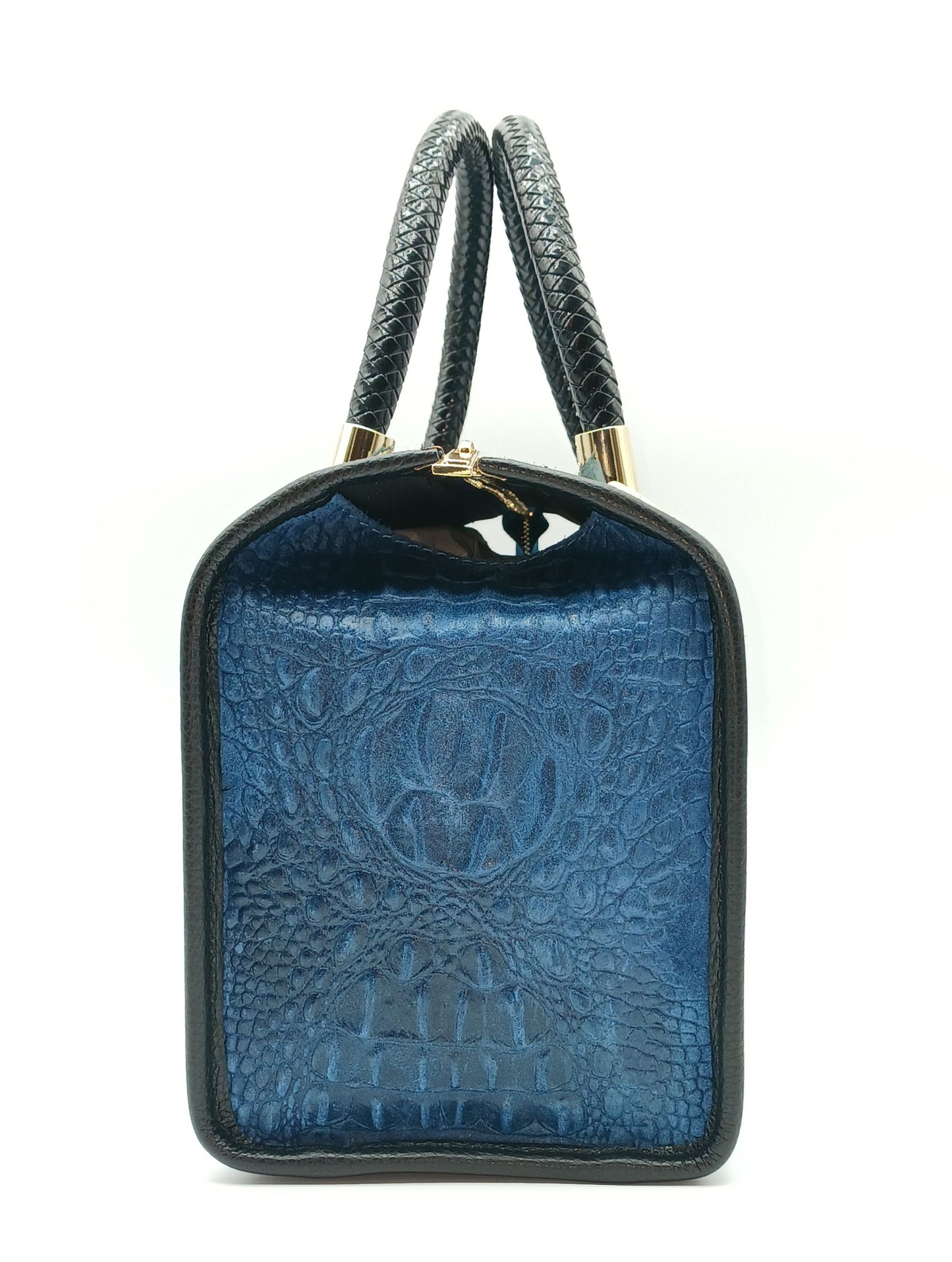 Genuine Suede & Leather Croc Embossed Satchel Handbag - Blue Jeans – Made In Italy