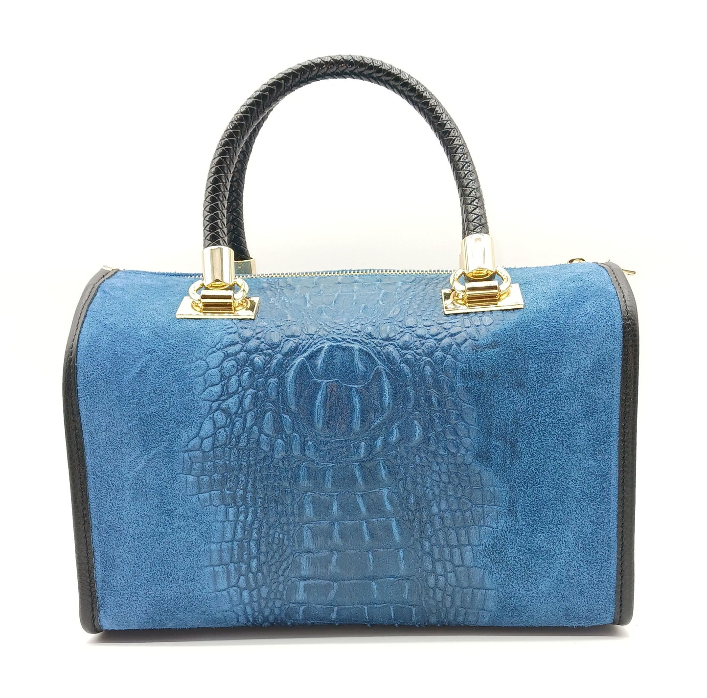 Genuine Suede & Leather Croc Embossed Satchel Handbag - Blue Jeans – Made In Italy