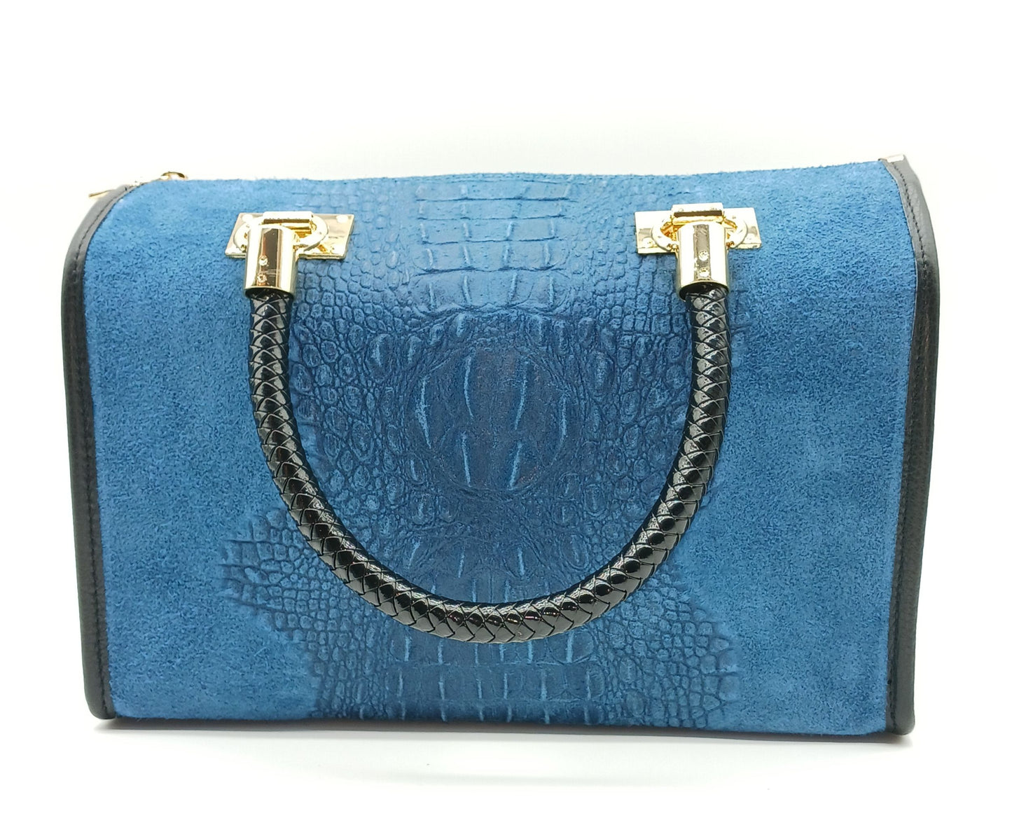 Genuine Suede & Leather Croc Embossed Satchel Handbag - Blue Jeans – Made In Italy