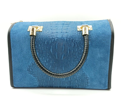 Genuine Suede & Leather Croc Embossed Satchel Handbag - Blue Jeans – Made In Italy