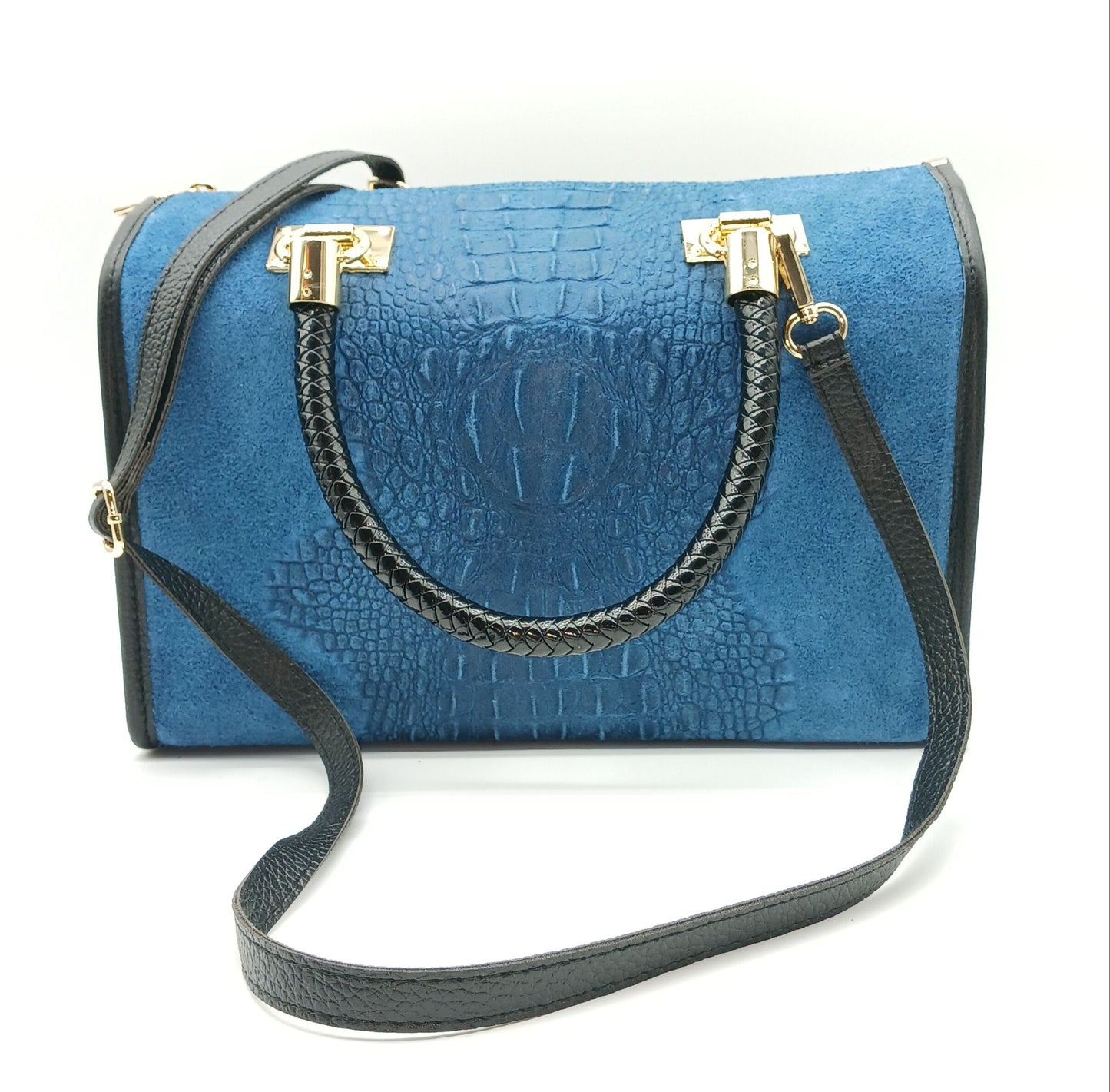 Genuine Suede & Leather Croc Embossed Satchel Handbag - Blue Jeans – Made In Italy