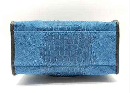 Genuine Suede & Leather Croc Embossed Satchel Handbag - Blue Jeans – Made In Italy