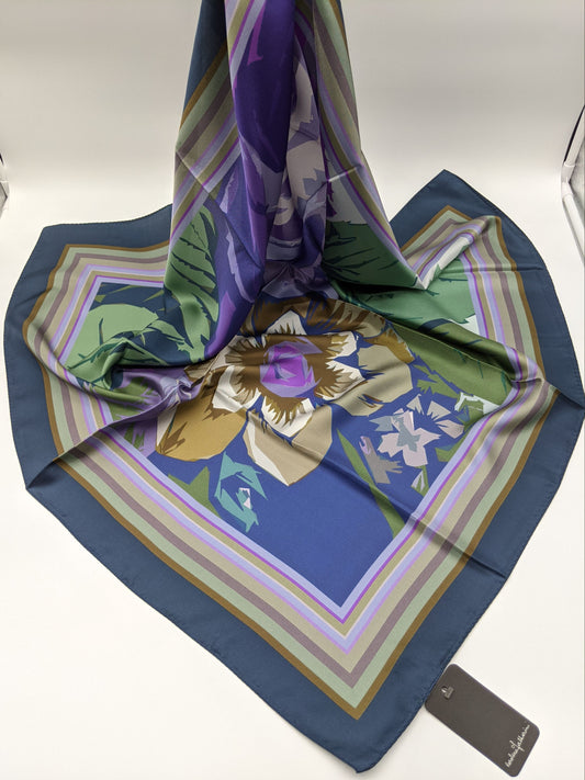 Designer Floral Silk Twill Square Scarf 35x35 – Made In Italy - Ocean Blue - DumasvilleBoutique