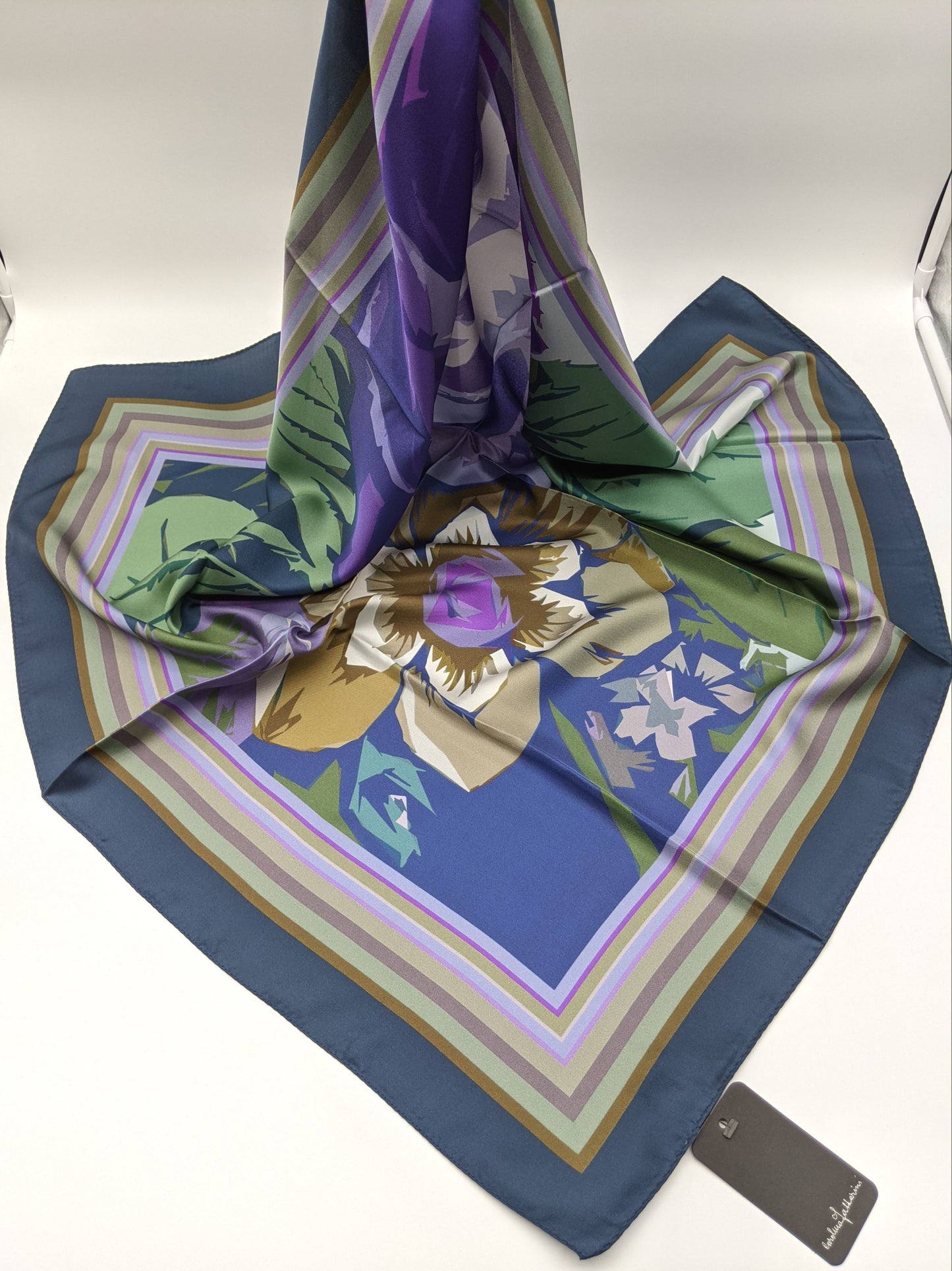 Designer Floral Silk Twill Square Scarf 35x35 – Made In Italy - Ocean Blue