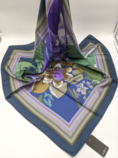 Designer Floral Silk Twill Square Scarf 35x35 – Made In Italy - Ocean Blue