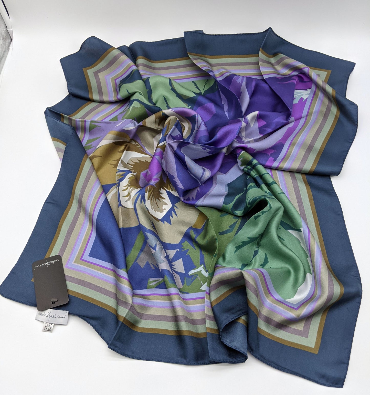 Designer Floral Silk Twill Square Scarf 35x35 – Made In Italy - Ocean Blue - DumasvilleBoutique