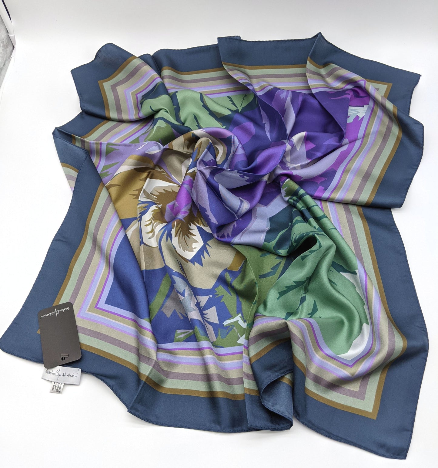 Designer Floral Silk Twill Square Scarf 35x35 – Made In Italy - Ocean Blue