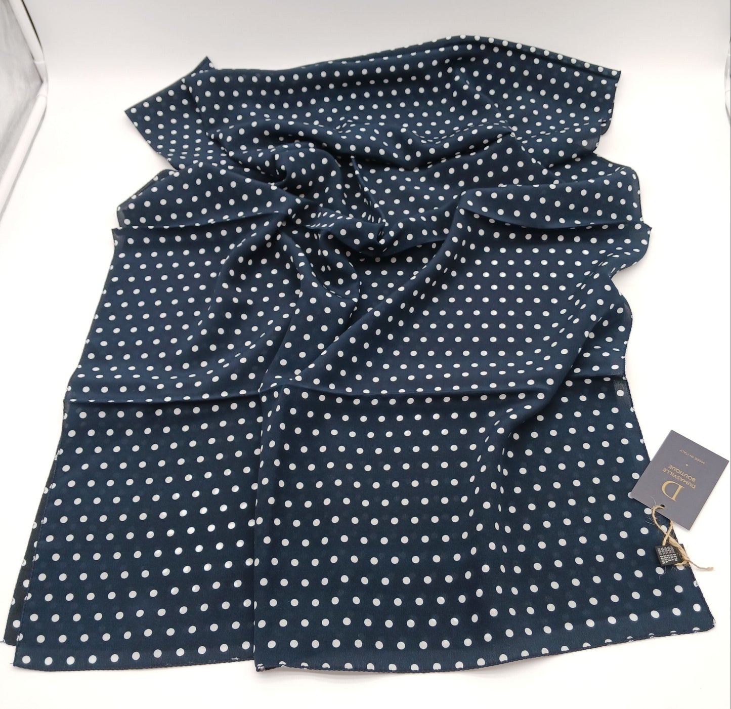 Silk Blue White Polka Dot Scarf 70x27 – Made In Italy - DumasvilleBoutique