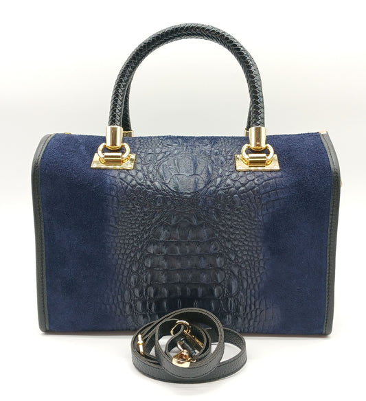 Genuine Suede  & Leather Croc Embossed Satchel Handbag - Dark Blue – Made In Italy