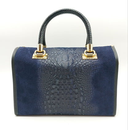 Genuine Suede  & Leather Croc Embossed Satchel Handbag - Dark Blue – Made In Italy